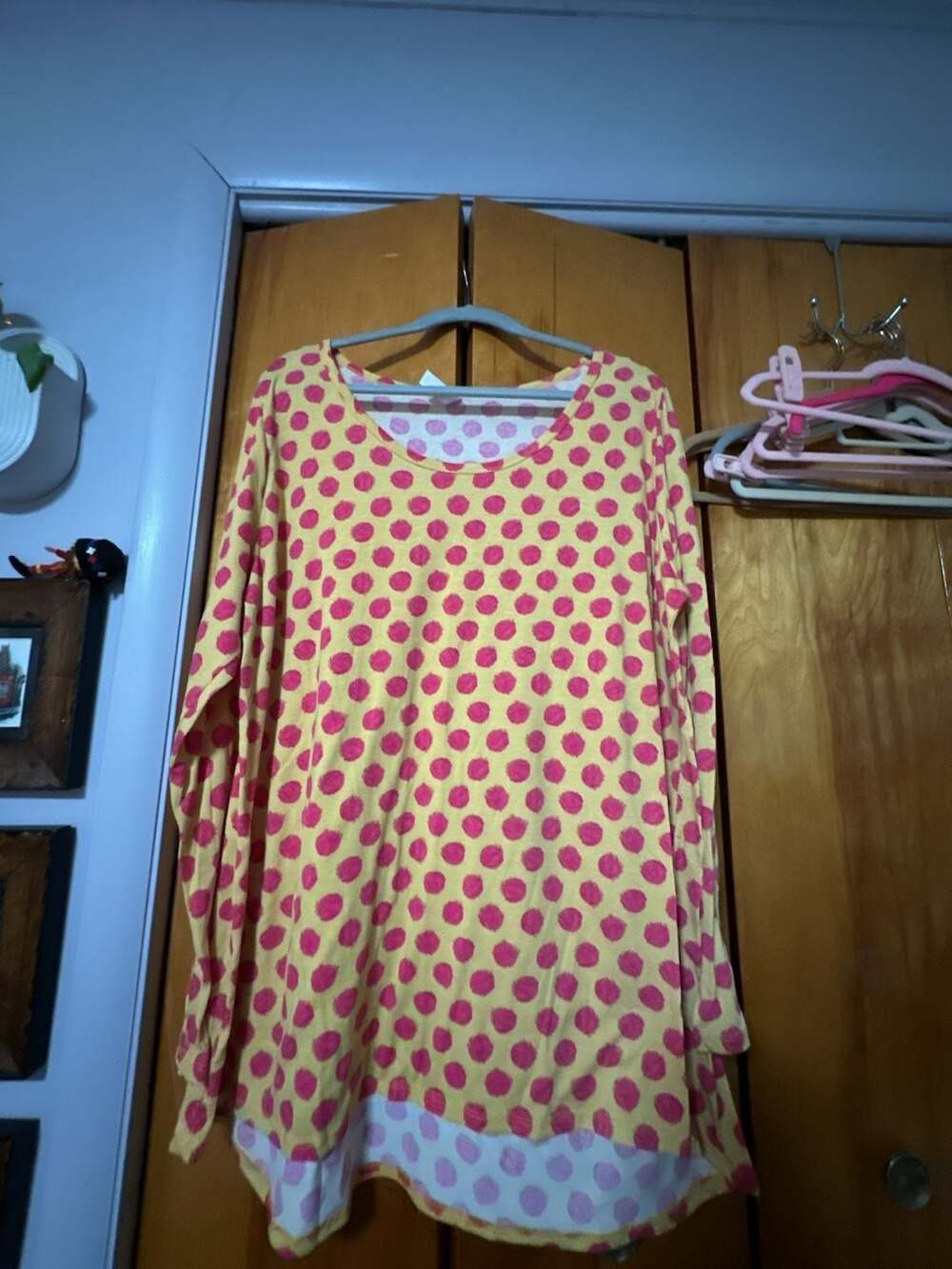 LuLaRoe Classic T Size 3XL Yellow Pink Polka Dot Long Sleeve Top